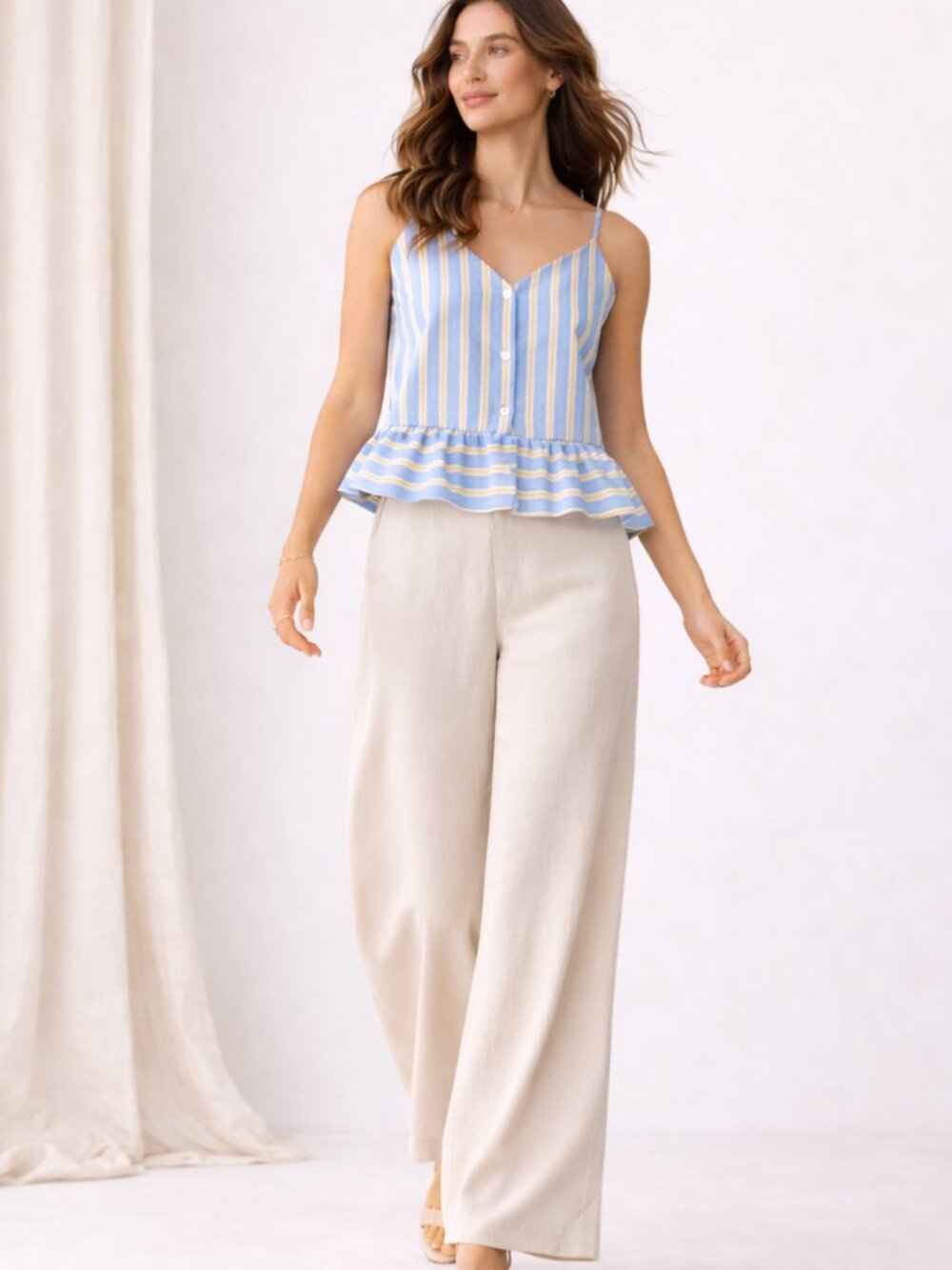 THE GOOD JANE Blue Stripe Peplum Cami Top NWT Cottagecore Feminine Ruffle Hem